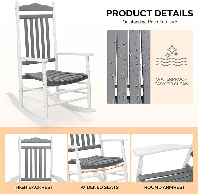 VINGLI Wooden Rocking Chair, Outdoor Chair with 450 lbs Support, Relaxing Rocker with Solid Wood High Back Seat Reclining Seat for Deck, Garden, Backyard, Porch (White & Grey, 1PC)