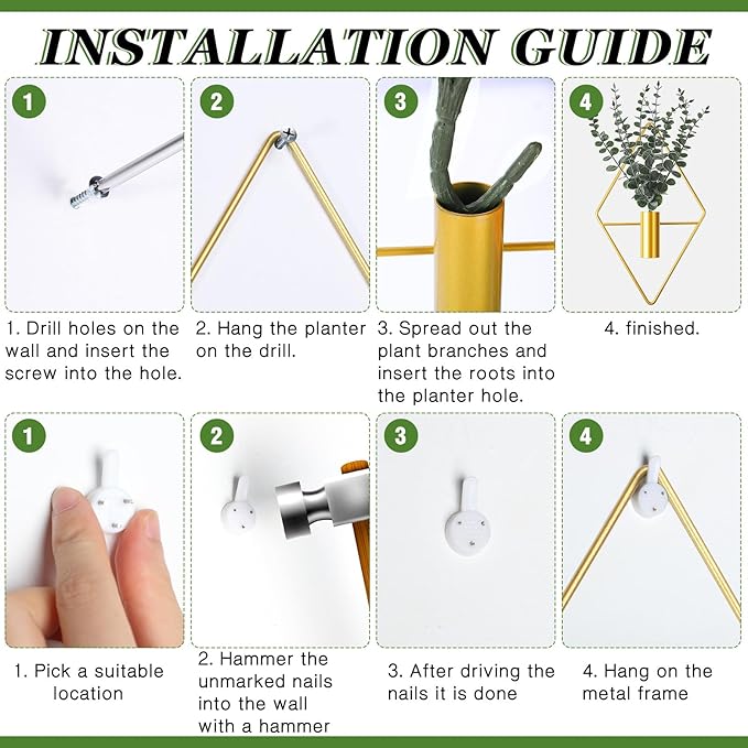 Jexine 8 Pcs Hanging Planters with Artificial Eucalyptus Metal Hanging Vase Indoor Plants Holder Modern Geometric Boho Bathroom Wall Decor for Living Room Home Office (Eucalyptus,Gold)