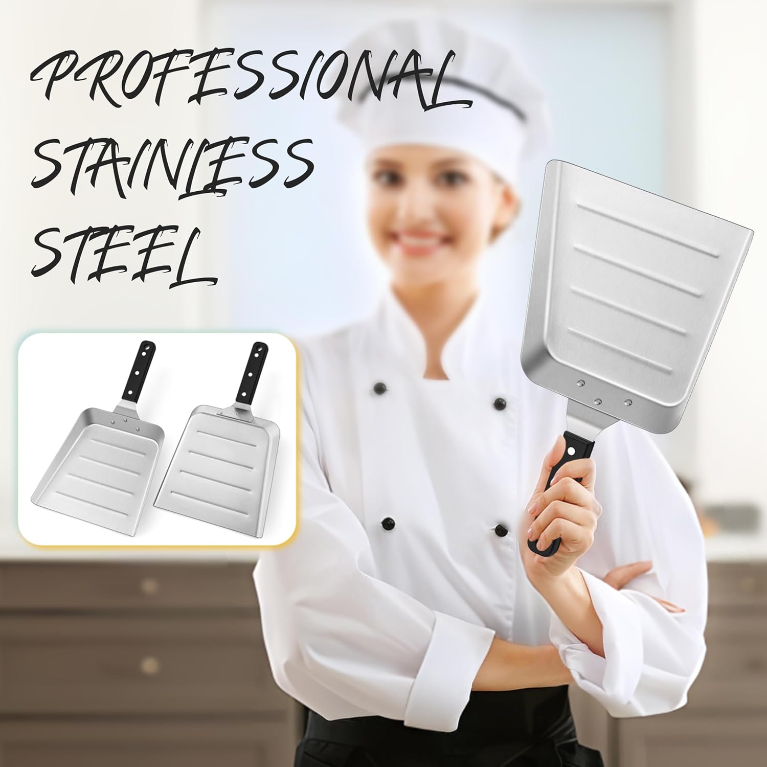 HaSteeL Griddle Metal Spatula, Large Stainless Steel Griddle Food Mover, Smash Burger Turner, Food Shovel Scraper, Ideal for Flat Top Teppanyaki Stir-frying Grilling Cooking BBQ, Dishwasher Safe, 2 PC