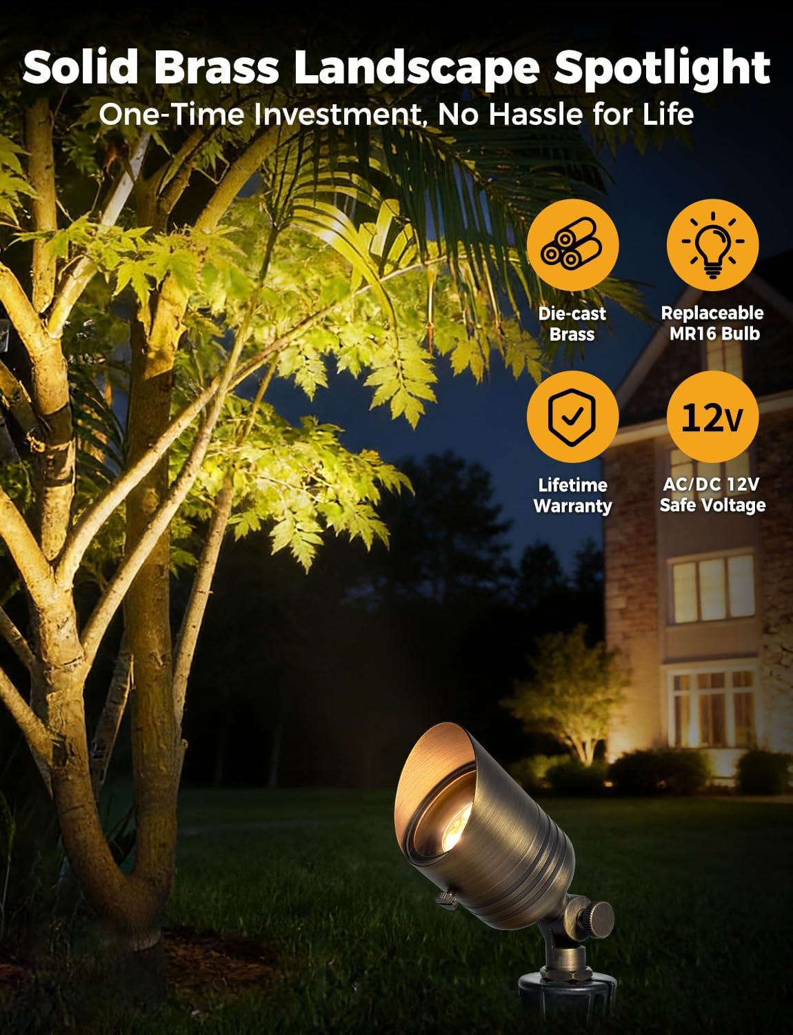 COLOER 5W 12V Brass Outdoor Landscape Spot Light with Bulb(4Pack) | Solid Brass Construction,12V Low Voltage,5W 2700K Warm White,IP65 waterproof,Replaceable MR16 Bulb,Small Size,Adjustable head