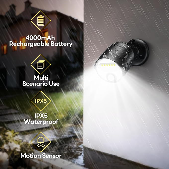 Rechargeable Battery Operated Motion Sensor Light,4000mAh Battery Powered Spotlight 600 Lumen Outdoor IP65 Waterproof for Porch,Yard,Wall,Garden