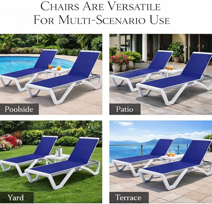 Kozyard Outdoor Chaise Lounge Chair, Full Flat Adjustable Patio Lounger with Aluminum Frame & Resin Legs, Textilene Fabric for Poolside, Backyard & Beach (NavyBlue Without Table)