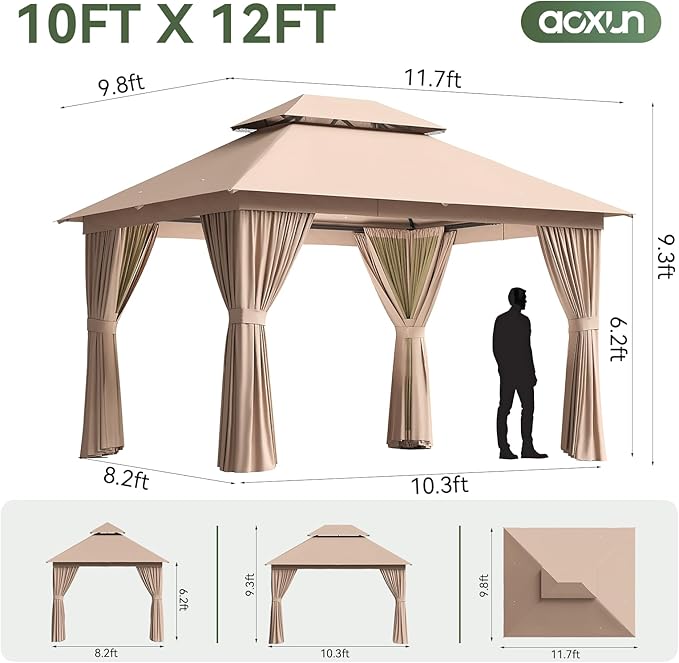 Aoxun Outdoor Gazebo for Patio 10x12 Metal Frame Canopy with Double Roofs Heavy Duty Party Tent and Shelter with Mosquito Netting and Privacy Screen for Backyard, Lawn, Garden, Deck (Khaki)