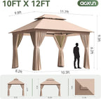 Aoxun Outdoor Gazebo for Patio 10x12 Metal Frame Canopy with Double Roofs Heavy Duty Party Tent and Shelter with Mosquito Netting and Privacy Screen for Backyard, Lawn, Garden, Deck (Khaki)