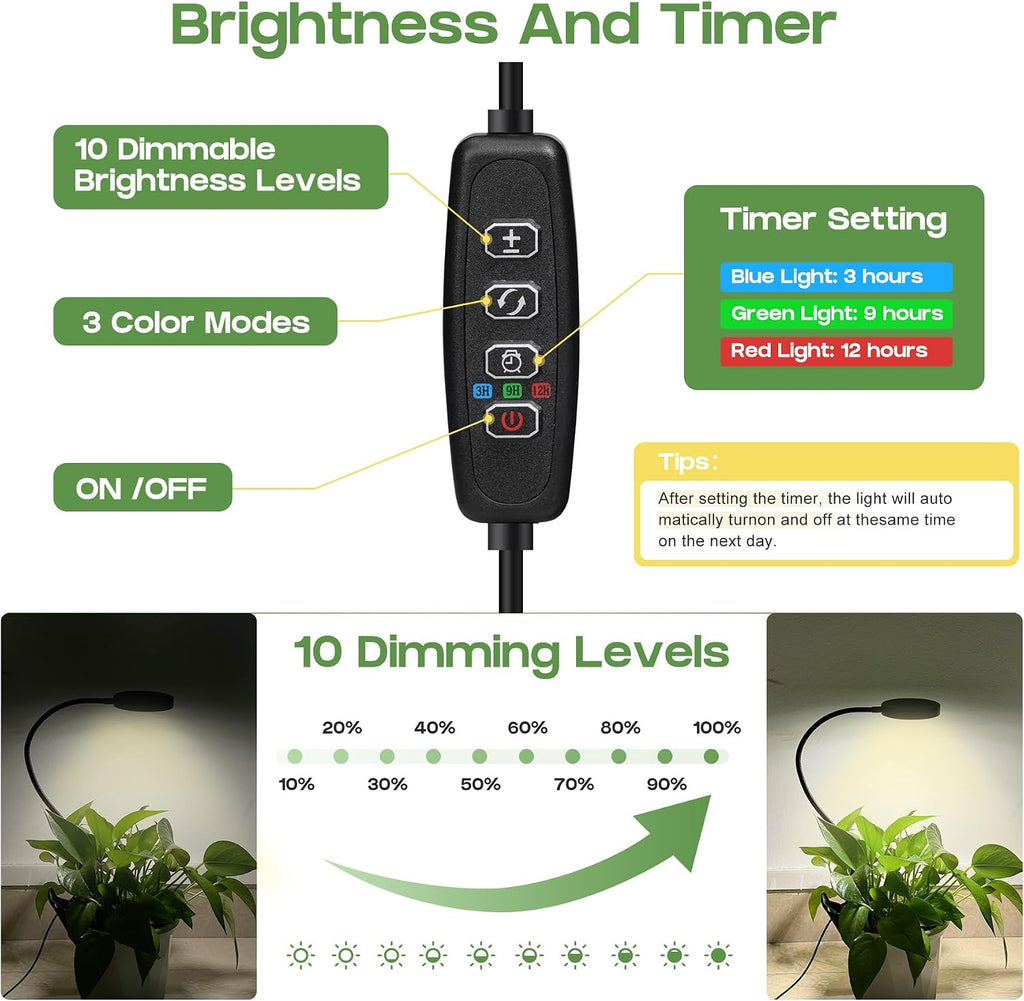 LED Grow Light, Clip On Plant Lights for Indoor Growing with 3,6,12 H Timer, 10 Dimmable Levels Grow Lights for Indoor Plants Full Spectrum, for Houseplants, Bonsai, Pot Plant (1-Pack)