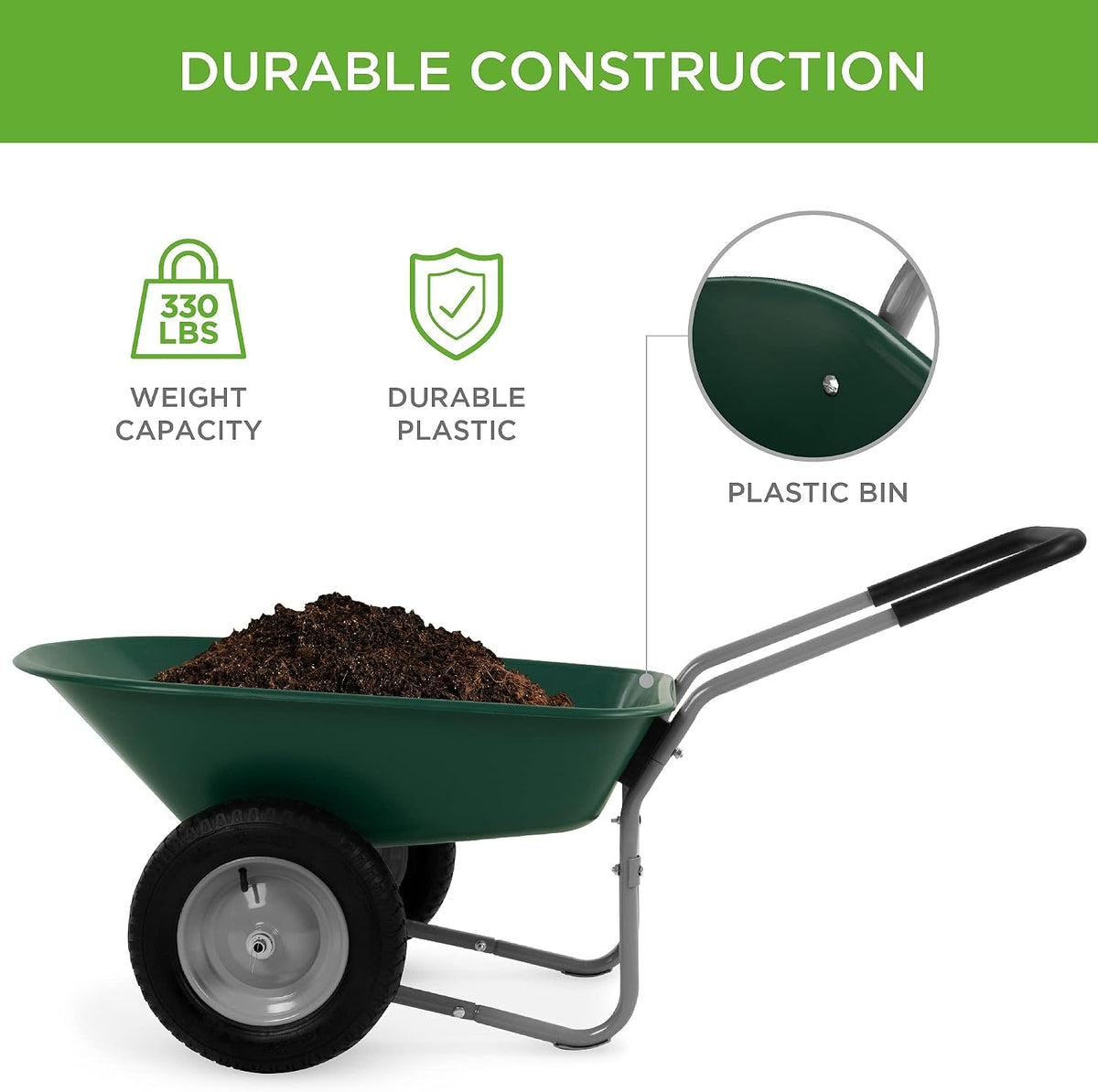 best choice products dual-wheel home utility yard wheelbarrow, close-up detail