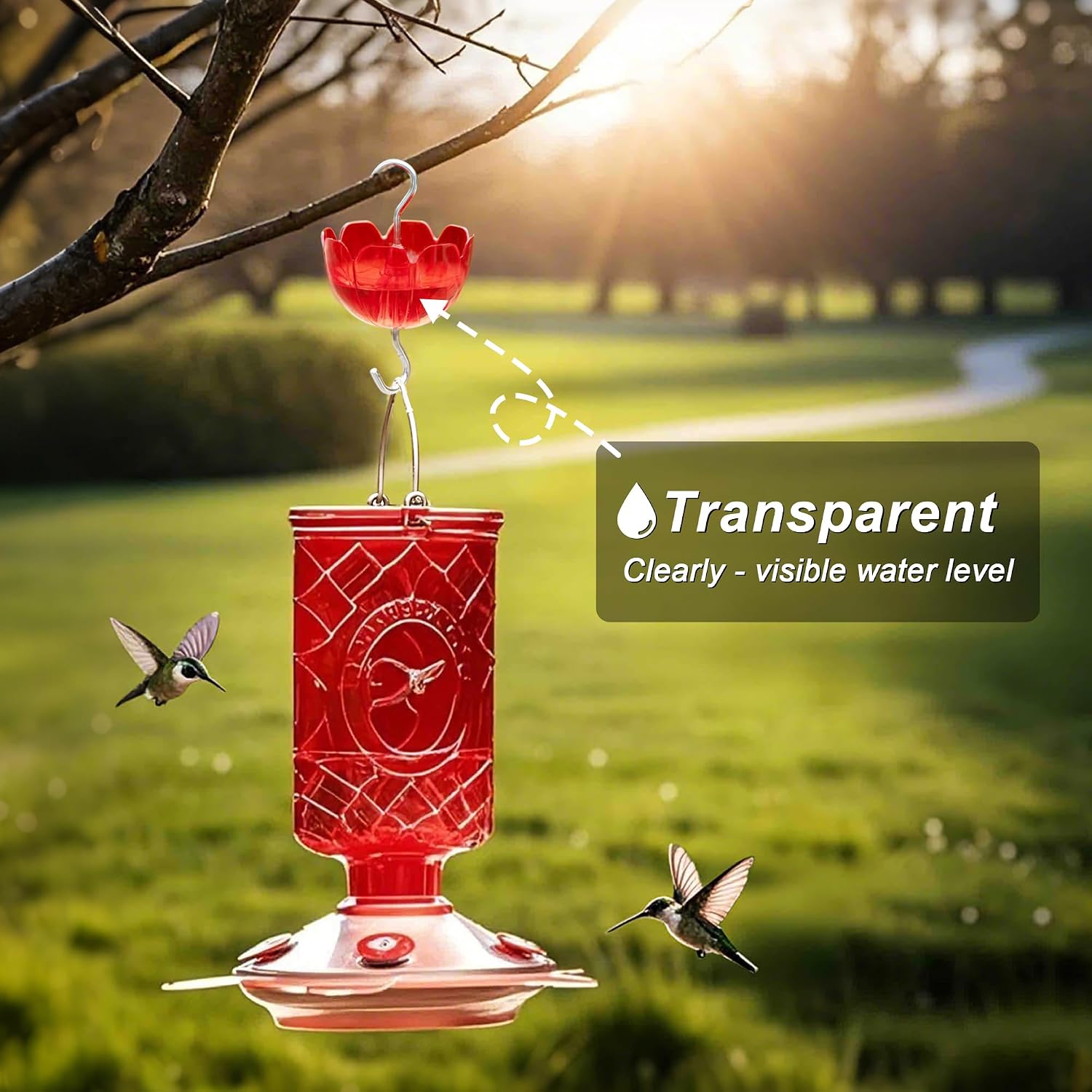 Ant Moat for Hummingbird Feeders, 6 Pack 4OZ | Heavy Duty Metal Hooks with Water Level Window, Bright Red Flower Design for Outdoor Hanging Bird Feeders