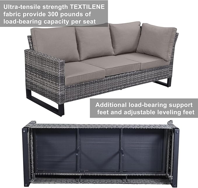 Belord Patio Sectional Furniture Set with Fire Pit Table: 8 Pieces Wicker Patio Conversation Set with L Shaped Sofa, Outdoor Swivel Glider Rocker, Rattan Ottomans, Removable Cushions Grey
