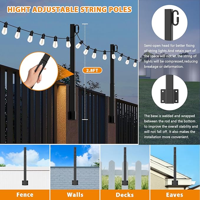 8 Pack String Light Poles,2.8 Ft Light Poles for Outside String Lights,Outdoor Lights Pole with Fork,Metal Poles Stand for Patio Deck Backyard