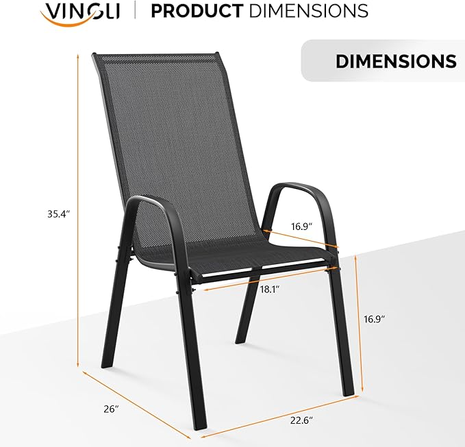 VINGLI 4 Pack Stackable Outdoor Bar Chairs – High Back Sling Chairs with Armrests, Ideal for Lawn, Courtyard, Bar, Black