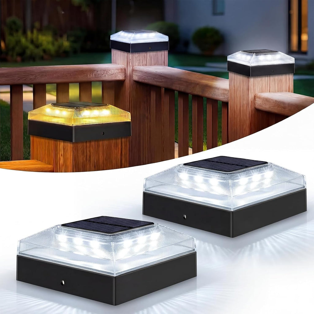 4x4 Solar Post Cap Lights Outdoor 2 Pack, 3 Color Modes/Dusk to Dawn/IP65 Waterproof, Fits 4x4 Vinyl/PVC Wood Posts Top, Black LED Fence Topper Light for Deck, Porch, Backyard