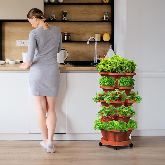 7 Tiered Strawberry Vertical Planter 2 Pack, Stackable Tower Garden Planter Herb Garden Planter with Movable Casters and Bottom Saucer Indoor and Outdoor - Terra Cotta