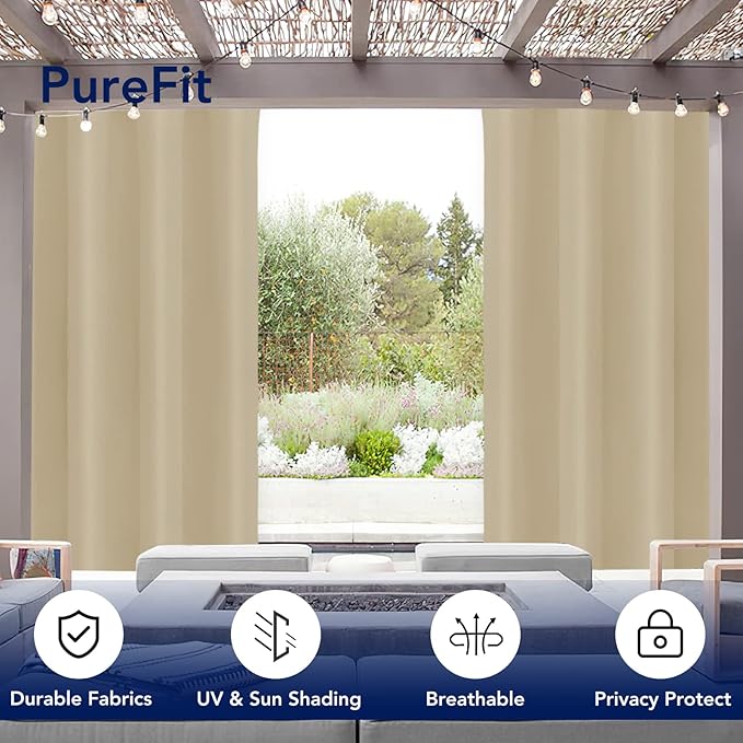 PureFit Outdoor Curtains for Patio Waterproof Weatherproof, UV Resistant Outside Curtains for Gazebo, Front Porch, Pergola, Sun Blocking Privacy Curtain, 52W x 108L inch, Set of 2, Beige