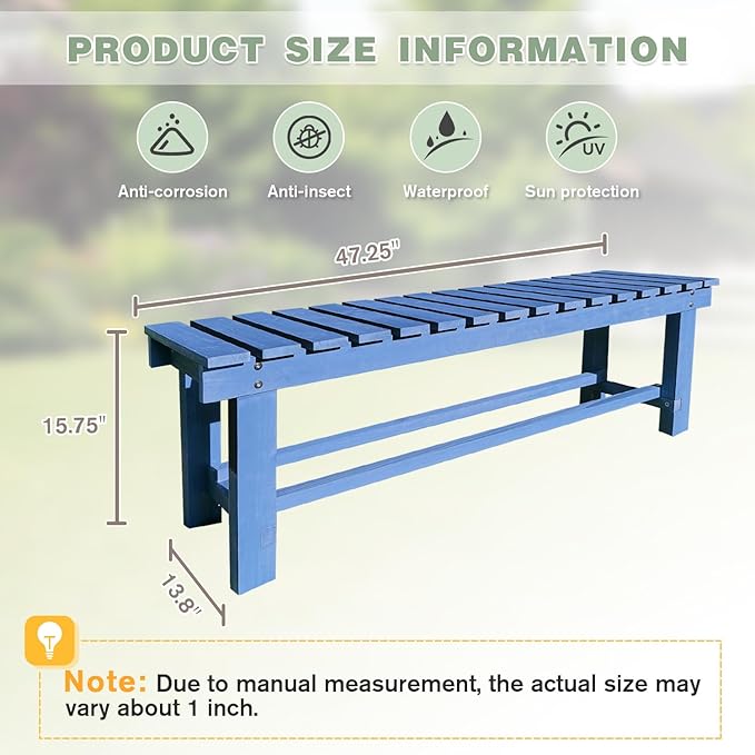 Outdoor Garden Wood Bench, 2-Person Weatherproof Wooden Bench Park Narrow Bench, Never Rot or Fade Waterproof Backless Bench for Entryway, Outdoor, Patio, Porch, Backyard and Park (Blue, 35.5''/90cm)
