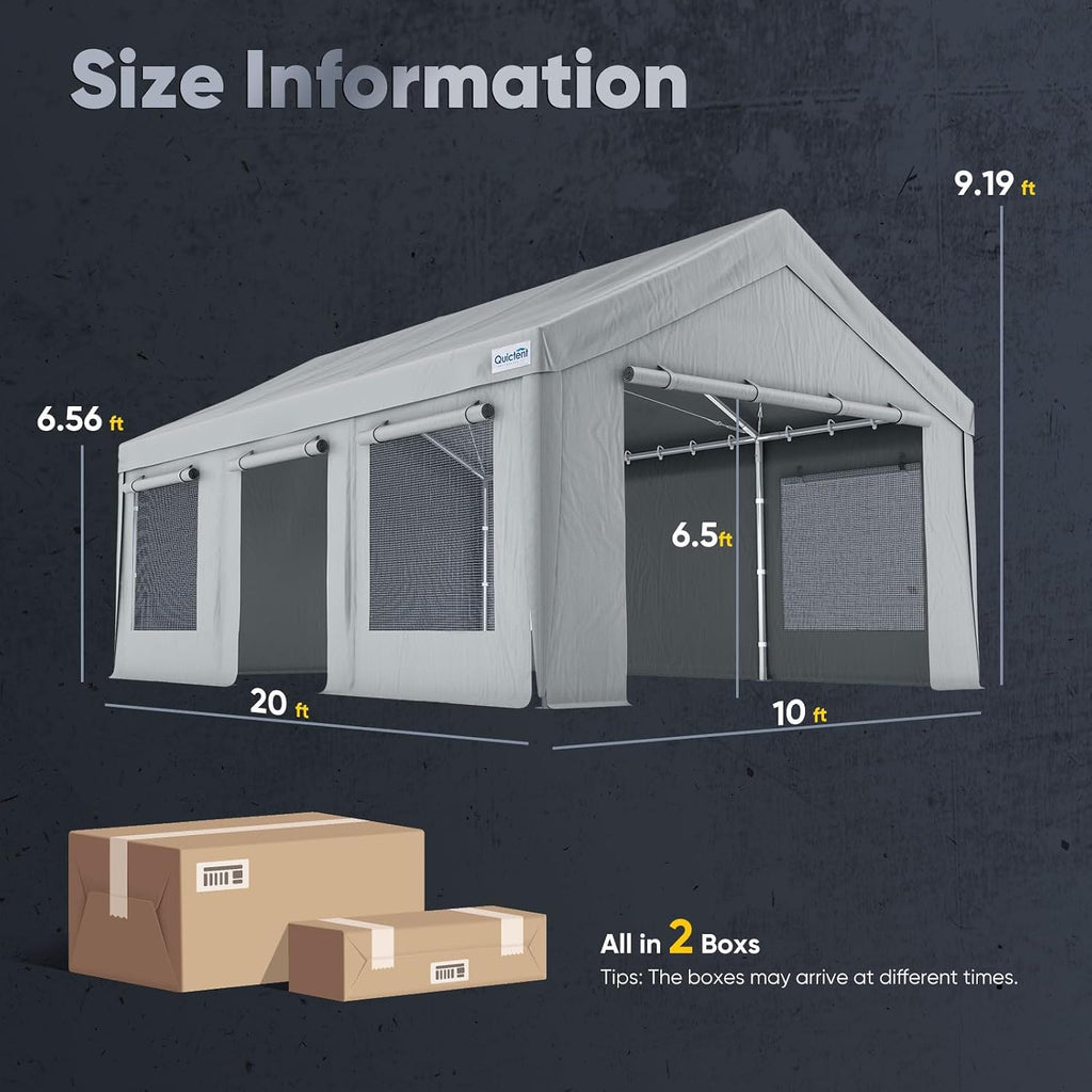 quictent 10x20 ft carports with side zipper doors, package contents