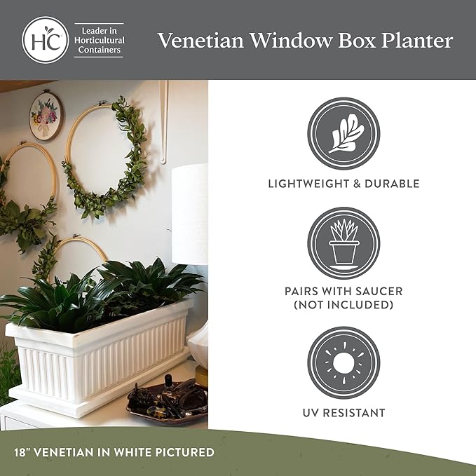 The HC Companies 18 Inch Venetian Window Planter Box with Drainage Plug, Lightweight UV-Resistant Plastic Indoor & Outdoor Planters, 2-Pack Flower Box for Garden & Home Decor, Warm Gray