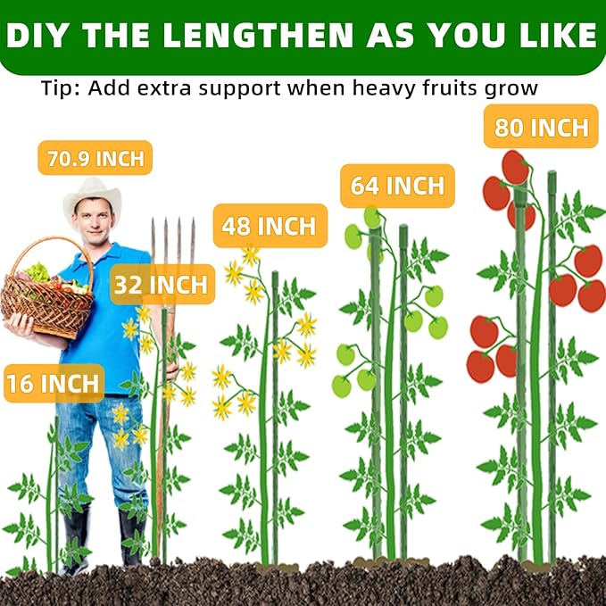Garden Stakes 16 Inch 30 Pack, Diy 4ft 5ft 6ft 7ft 8ft Tomato Stakes Plastic Coated Metal Plant Sticks Stakes Supports with 20 Connectors 15 Rotatable Clips for Indoor Outdoor Plants Vegetable