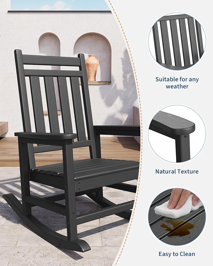 GarveeLife Poly Lumber Rocking Chair Outdoor Set of 4 - HDPE High Back Porch Rocker Chairs for Adults - All Weather Resistant Furniture for Patio - Black