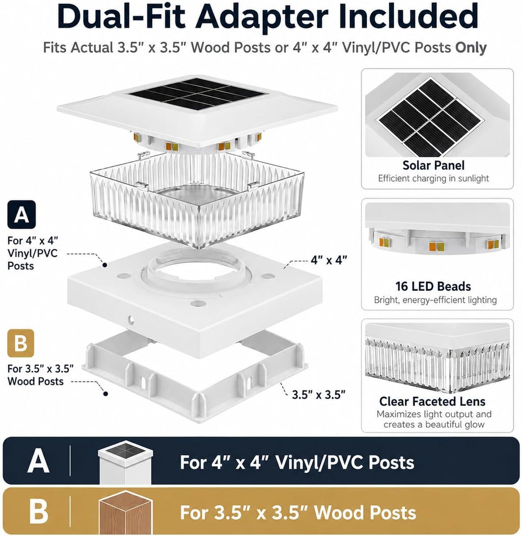 4x4 Solar Post Cap Lights,12 Pack Fence Post Solar Lights with 2 Color Modes for 4x4 Vinyl Post or 3.5x3.5 Wood Posts, Waterproof Dusk to Dawn Outdoor Lighting for Deck, Garden & Porch Decor, White