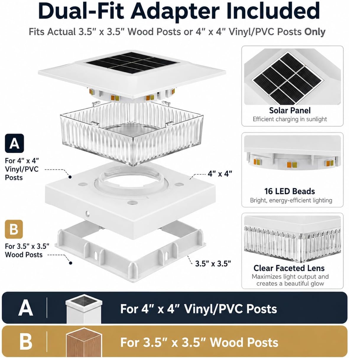 4x4 Solar Post Cap Lights,12 Pack Fence Post Solar Lights with 2 Color Modes for 4x4 Vinyl Post or 3.5x3.5 Wood Posts, Waterproof Dusk to Dawn Outdoor Lighting for Deck, Garden & Porch Decor, White