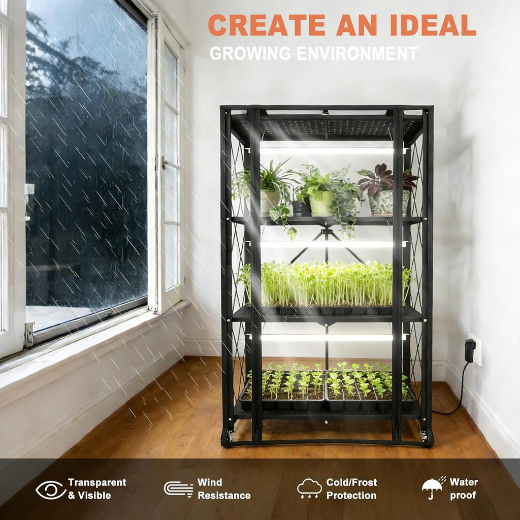 indoor greenhouse with grow light, 4-tier foldable, 28.2x14.2x50in, side view
