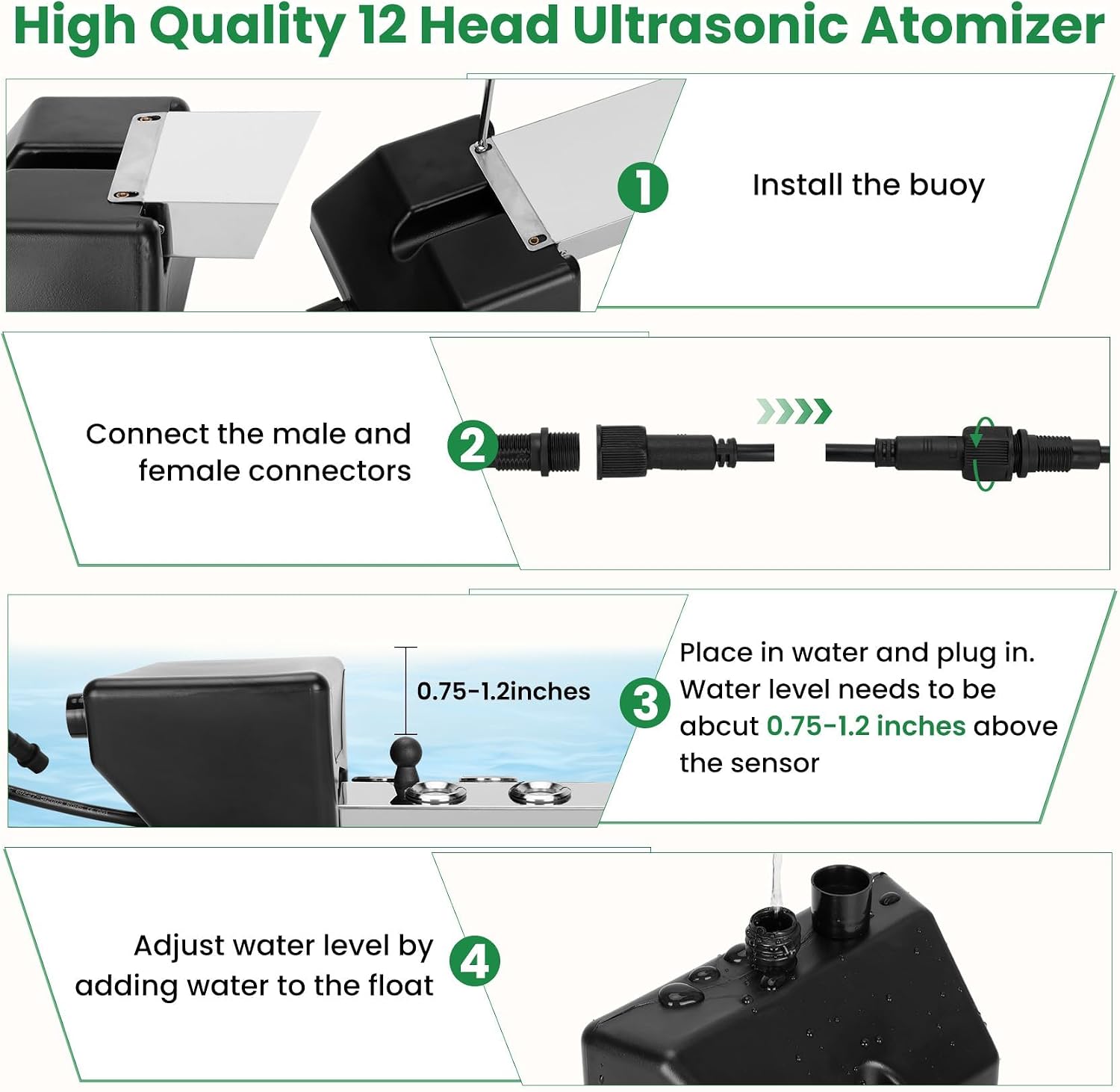 Ultrasonic Mist Maker 12 Head,Add Replacement Atomizer Heads,400W Power Water Proof Ultrasonic Mister,Ultrasonic Fog Humidifier with Float,for Vegetable Preservation,Landscape, Halloween,etc