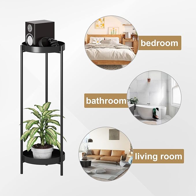 Metal Black Tall Plant Stand Indoor or Outdoor - 30 inch 2 Tier Modern Corner Planter Shelf Rack with 2 Removable Display Shelves(10 inch) for Bedroom Living Room Balcony
