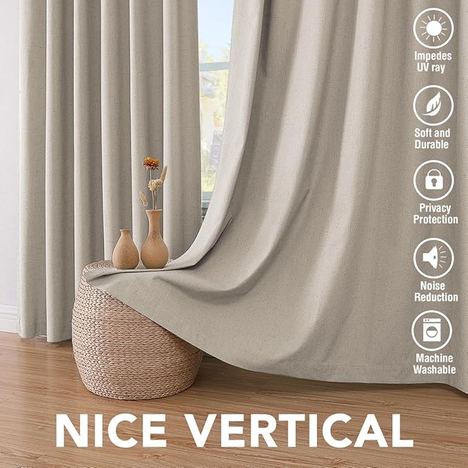 H.VERSAILTEX 100% Blackout Curtains for Bedroom Thermal Insulated Linen Textured Curtains Heat and Full Light Blocking Drapes Living Room Curtains 2 Panel Sets, 42x45 Inch, Cobblestone