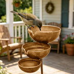 3-Tier Rain Catcher Garden Stake, Antique Bronze Metal Bird Bath & Feeder Bowls, Adjustable Height Cascading Water Station for Outdoor Yard, Lawn, Flower Bed Decor & Wildlife Pollinator Oasis