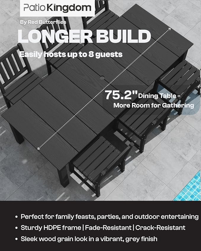 5-Piece Black Outdoor Dining Set for 4, 75.2'' HDPE Table with Umbrella Hole & Chairs, Weather-Resistant Patio Furniture for Garden, Lawn, or Poolside