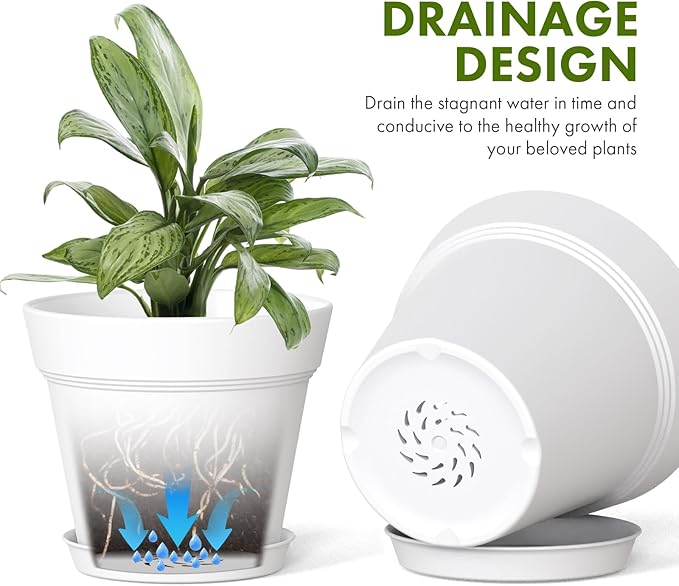 4 Inch Plastic Plant Pots with Drainage Holes and Trays – 8 Pack Small Nursery Pots for Indoor & Outdoor House Plants and Flowers, Seedling Starter Planters, White