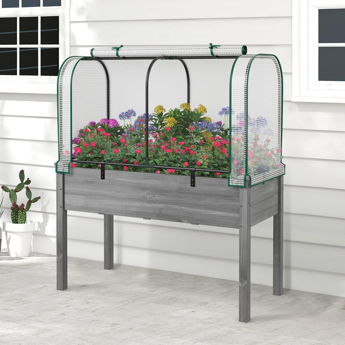 raised garden bed with greenhouse, waterproof sun-protective green, main product view