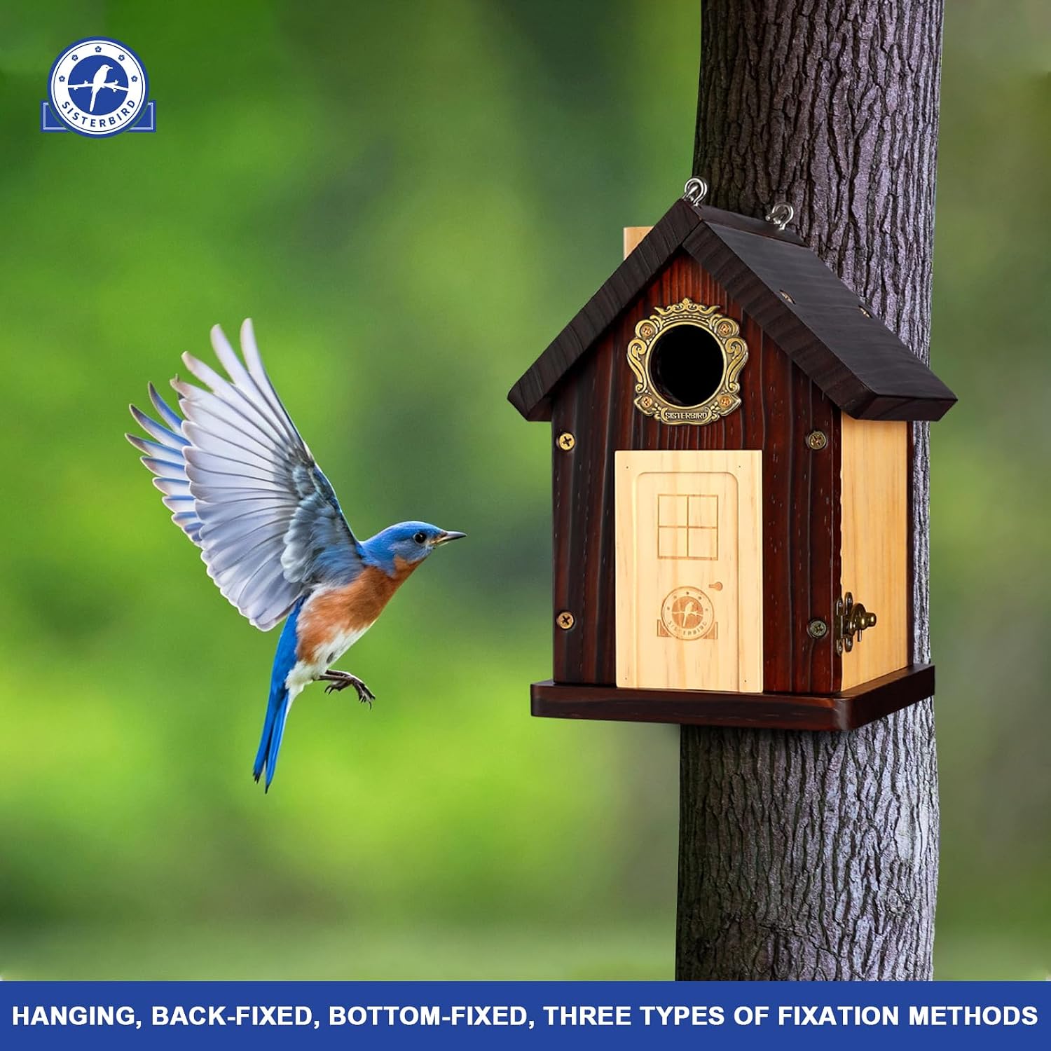 SISTERBIRD Pack of 2 Premium Bluebird Houses for Outside, All Seaons Bird Houses for Outside, Wooden Cabin Birdhouses for Outdoors, Weatherproof Courtyard Decorated Hanging Bird House