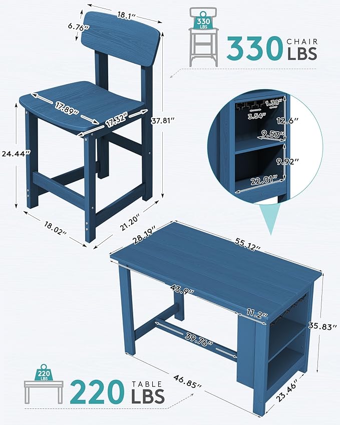 SERWALL 10-Piece HDPE Counter Height Dining Table Sets with Storage and Wine Rack, 2 Rectangular Bar Table with Bar Stools Set of 8 for Garden, Backyard, Kitchen, Blue