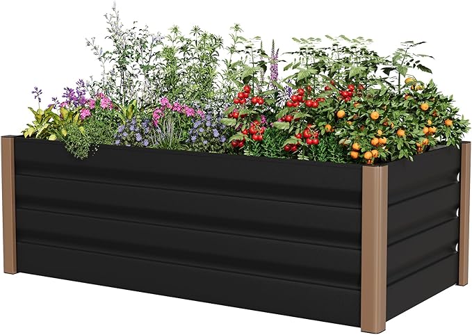 Garvee Aluminum Raised Garden Bed 4' x 2' x 16", Open-Bottom Deep Design with Rounded Safety Corners & Anti-Cut Trim, Large Outdoor Planter Box Kit, Gray