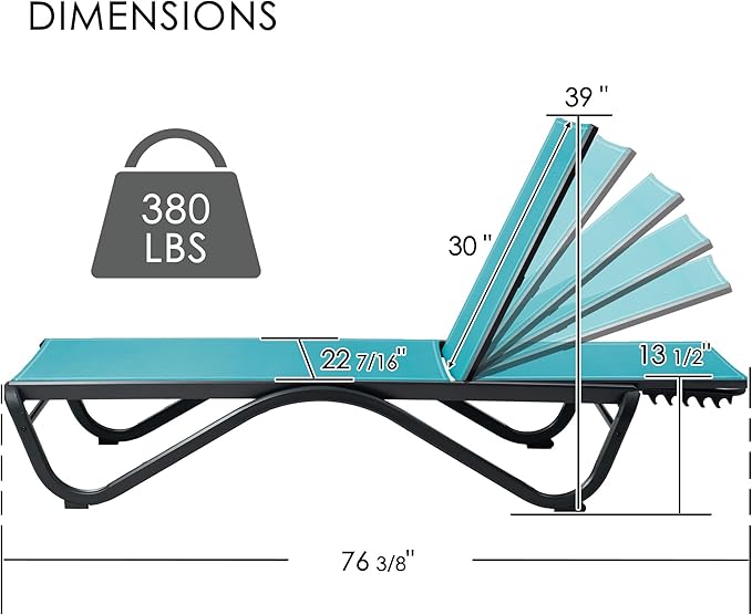 Kozyard Outdoor Chaise Lounge Chair, Full Aluminum Frame, Adjustable Reclining Patio Lounger for Poolside, Sunbathing & Backyard, Textilene (Aqua, 2Chairs)