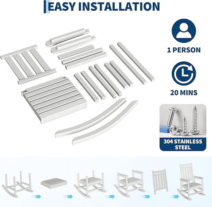 HDPE Rocking Chair Outdoor Set of 6 - Poly High Back Porch Rocker Chairs for Adults - All Weather Resistant Furniture for Patio Front Porch - White