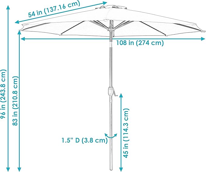 Sunnydaze Outdoor Patio Umbrella - Polyester Table Market Umbrella with Push-Button Tilt and Crank - 8 Sturdy Ribs - Navy Blue - 9ft