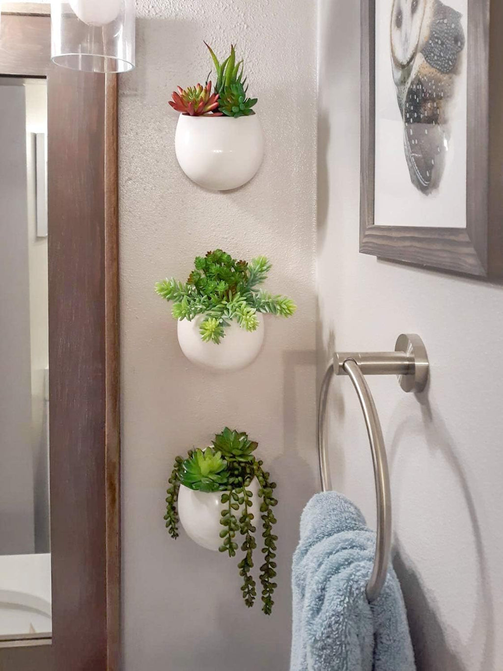 Mkono Wall Planter Ceramic Hanging Pot with Artificial Fake Plants, 3 Pack | 8 Realistic Succulents Included,White Air Plant Holder,Wall Mounted Vase,No Water Needed,Home/Bathroom Decor,Plant Lover Gift