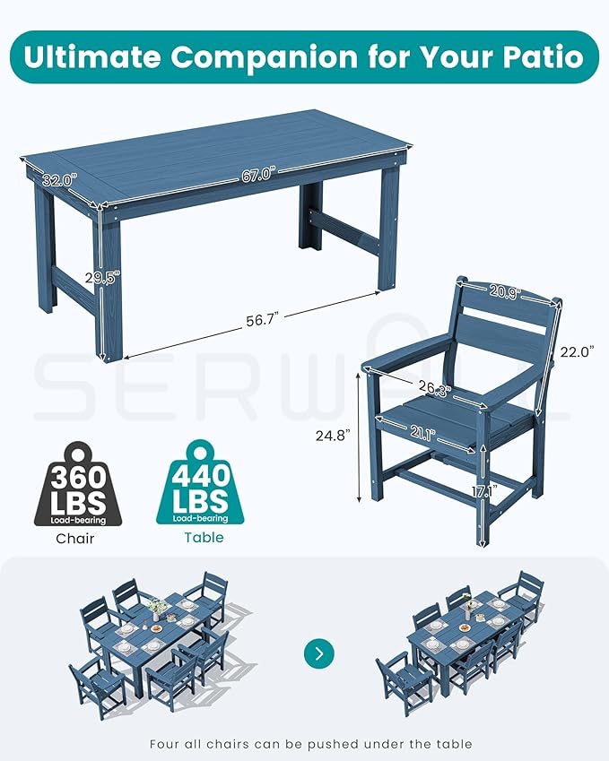 SERWALL Outdoor Dining Table Set, 67‘’ HDPE Patio Dining Set for 4, All-Weather Outdoor Table and Chairs Set for Deck, Blue