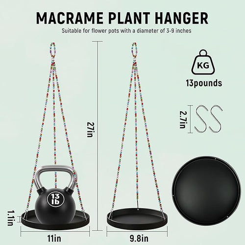 2-Pack Modern Boho Macrame Plant Hanger, 10/11 Inch Metal Hanging Planter Holder for Indoor and Outdoor Home Garden Decor, Black Hanging Plant Shelf for Window, Wall, and Ceiling. (American, 10/11)