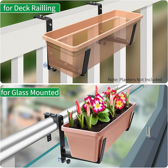 Window Box Brackets, Adjustable Planter Box Brackets, Heavy Duty Iron Flower Box Brackets for Railings, with Enhanced Bottom Support - Perfect for Balconies, Fences, and Gardens (Black, 4 Pack)