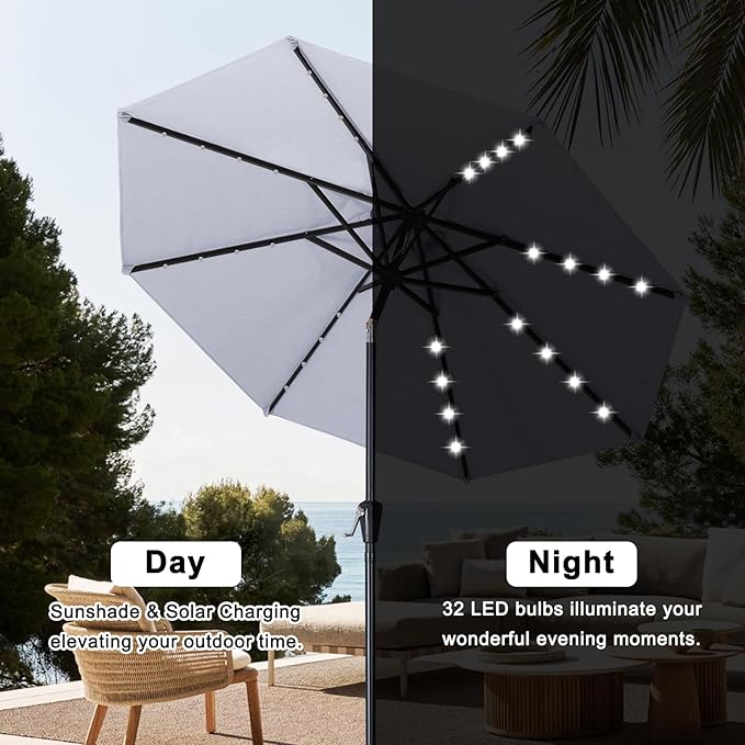 ABCCANOPY Durable Solar Led Patio Umbrellas with 32LED Lights 9FT (Light Gray)