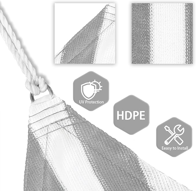 Patio Paradise 7' x 7' x 7' Sun Shade Sail Triangle Canopy Shade Cloth Fabric Sunlight Block Patio Pergola Cover HDPE Deck Awning for Outdoor Backyard Roof Shading, Gray White Strip