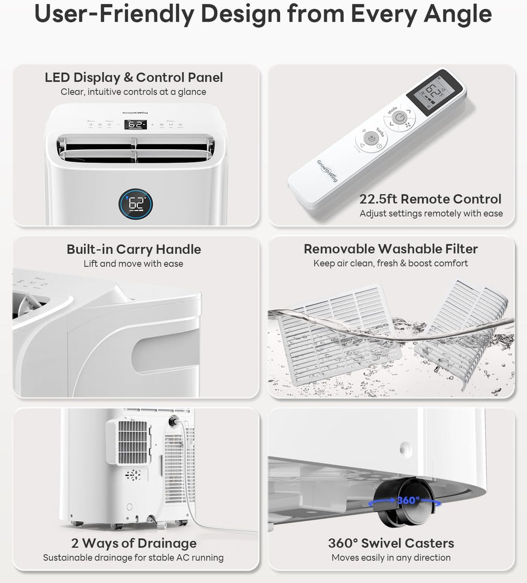 14,000 btu smart wifi portable air conditioner, cools, front angle view