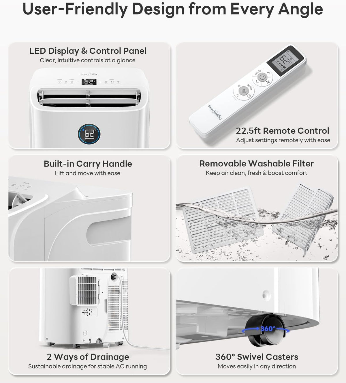 14,000 btu smart wifi portable air conditioner, cools, front angle view