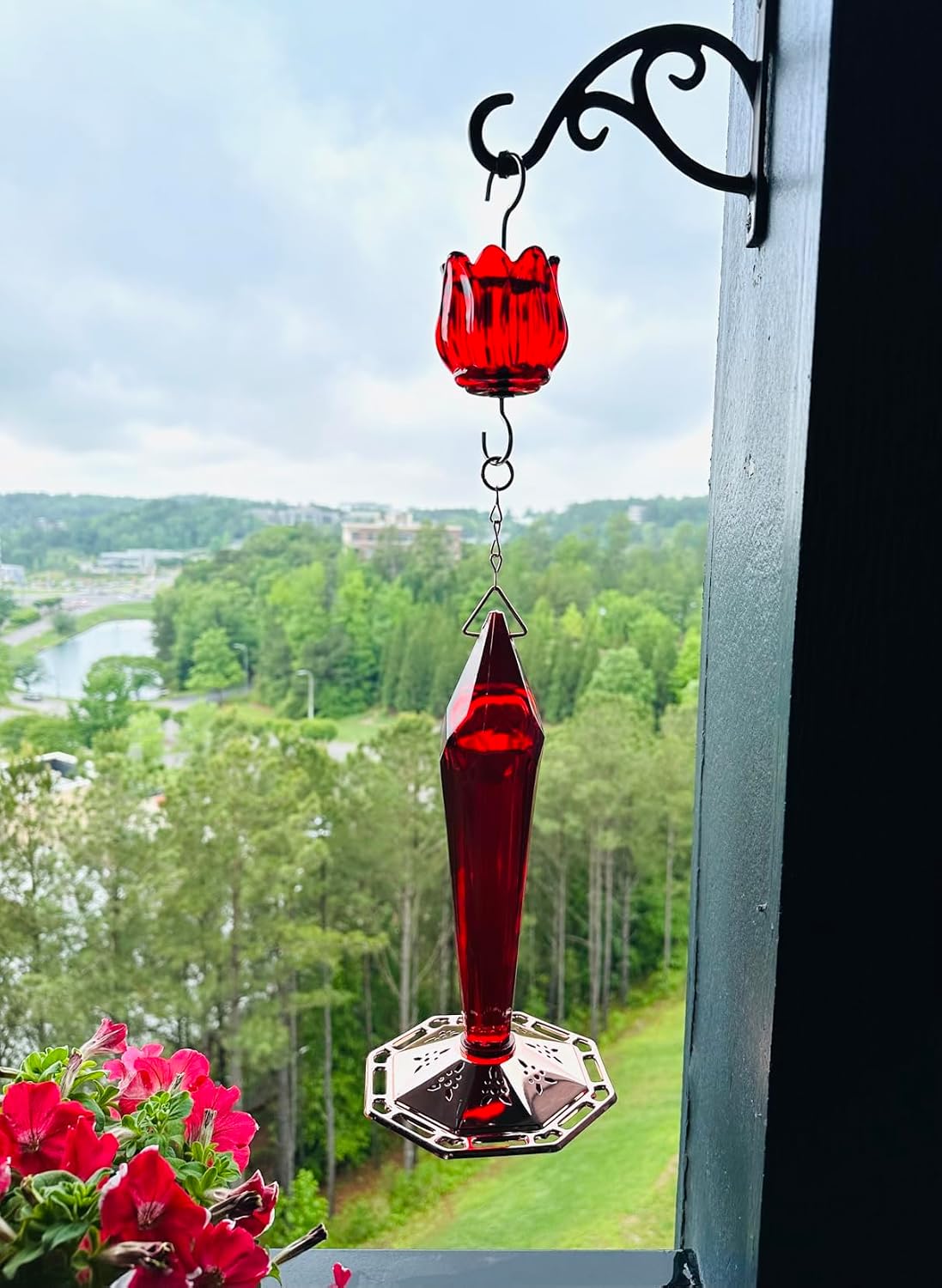 Real Glass Ant Moat for Hummingbird Feeders & Oriole Feeders Glass Tulip Shape Insect Guard with Large Capacity Flower Design Nectar Feeder Accessory Hooks (Red, 2 Pack)
