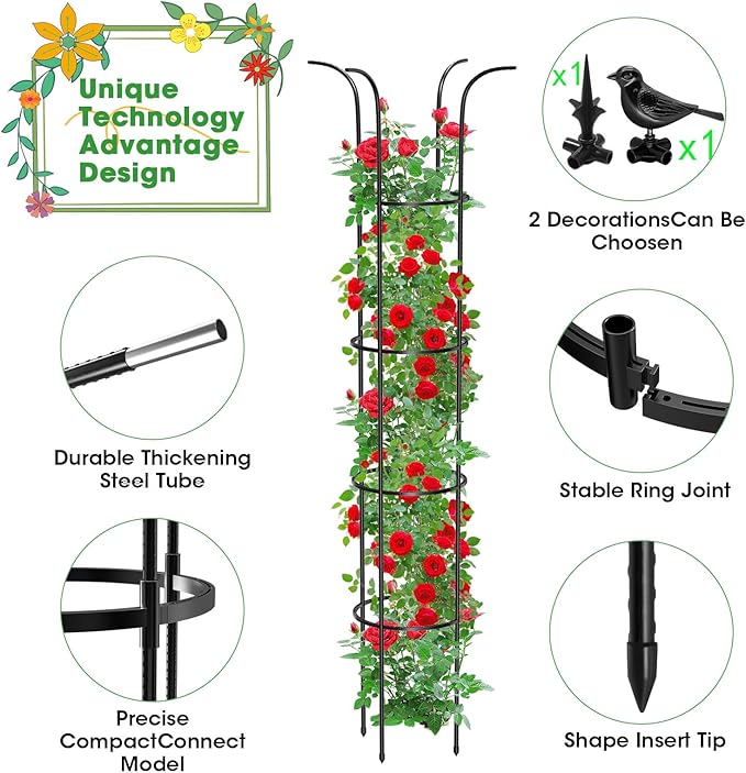 Tower Obelisk Garden Trellis for Climbing Plant，6.3FT/75.6" Rustproof Metal Potted Plant Climbing Support for Indoor Outdoor Flowers Vegetable Fruits Vines Support (2PCS)