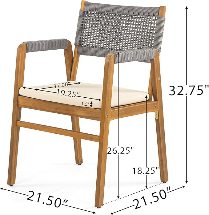 Christopher Knight Home Pasco Acacia Wood Outdoor Dining Table Set for 6, Wicker Patio Dining Set with Acacia Wood Table and Bench, Patio Table and Chair Set with Cushion+Rope Backrest, Teak+Grey