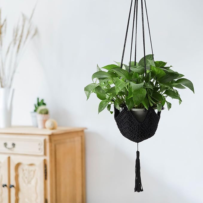 Shappy 2 Pack Jute Crochet Long Plant Hanger for 3 Inch to 12 Inch Pots, Macrame Plant Holder Rope with S Shaped Hooks for Halloween Home Decor (Black)